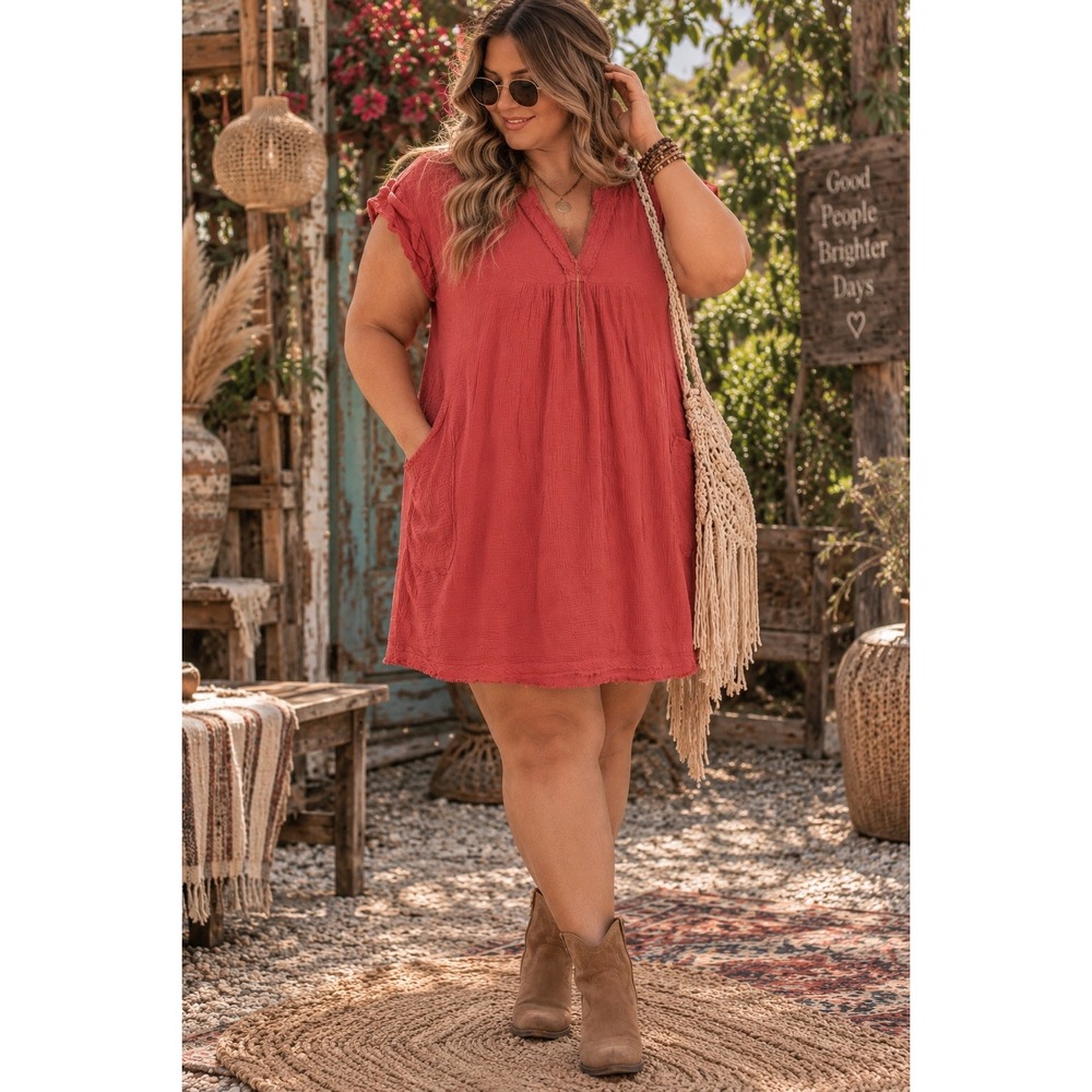Boho Cotton Gauze Babydoll Dress Rust Coral Earthy Cottagecore Pockets 1X Entro